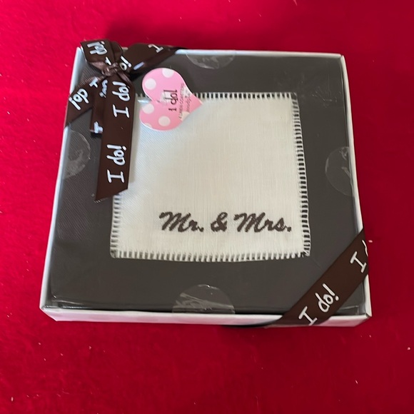 mudpie 4 Linen Coasters- Mr. & Mrs. Monogrammed-Beige & Brown - Picture 1 of 3